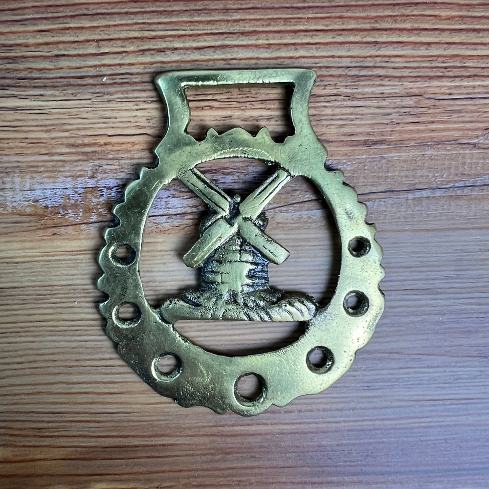 Vintage Solid Brass Horse Medallion Windmill Tack Parade Equestrian Harness 3"